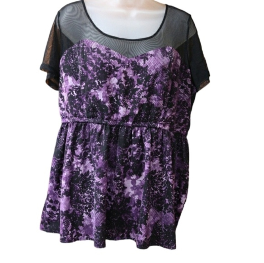 Torrid Plus Size 1X Purple Floral Lace Mesh Corset Peplum Babydoll Goth Top
